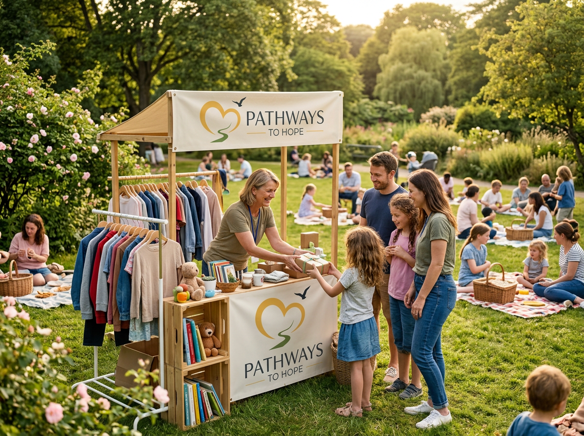 A Pathways To Hope volunteer handing out clothes and books to a family at a community outreach stall